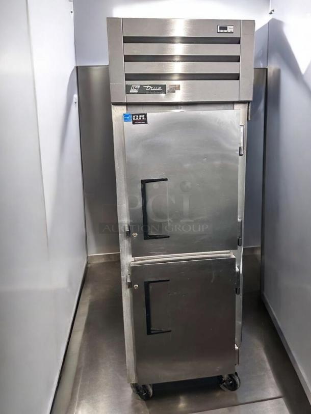 Pristine True GDM-43EM two-door display refrigerator, stainless steel, 115V, tested, working, visible True logo and model label.
