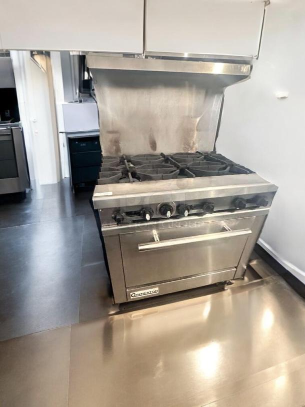 Continental Range CR-6, six-burner gas range with oven, stainless steel, excellent condition, fully tested, natural gas.