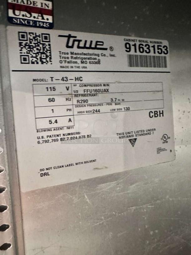 True T-43-HC two-door refrigerator, superb condition. Model details and specs visible. Made in USA.