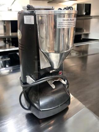 Mazzer Robur Electronic coffee grinder, exceptional condition, conical burrs, 110V, fully tested, warning labels visible.