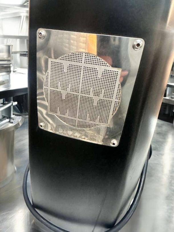 Mazzer Robur Electronic coffee grinder, black, exceptional condition, conical burr, 110V, Mazzer logo plate visible.