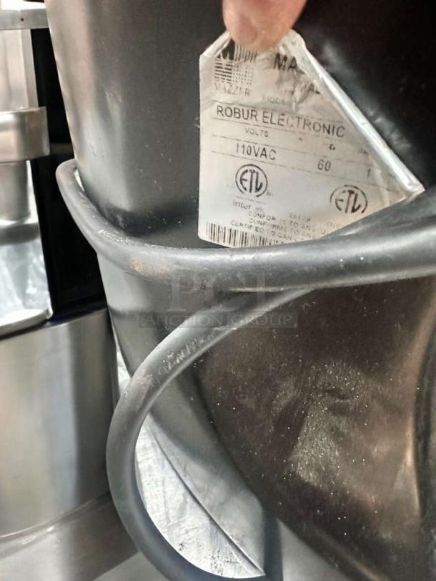 Mazzer Robur Electronic coffee grinder label showing model, 110V specification, and ETL certification.