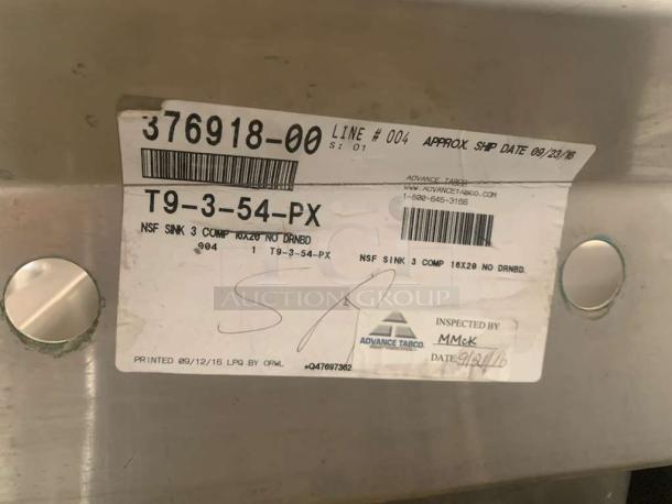 Advance Tabco T9-3-54 commercial sink label, NSF certified, superb condition, inspected, model details visible.
