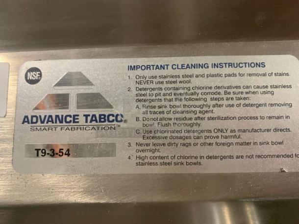 Advance Tabco T9-3-54 stainless steel sink label, showing cleaning instructions and NSF certification mark.