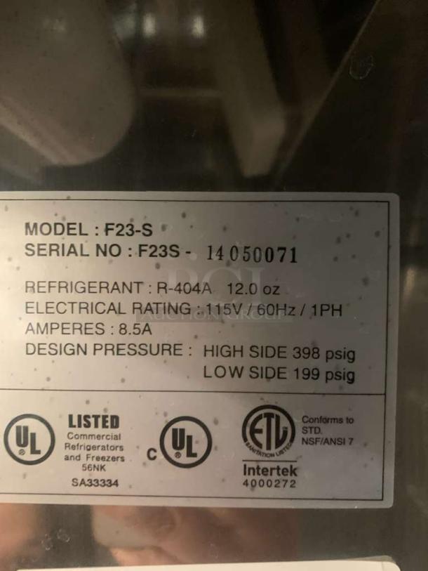 Norlake AdvantEDGE F23-S single-door reach-in freezer label; shows model, serial number, electrical ratings, and certifications.