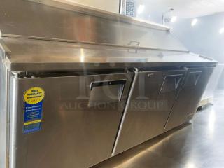 Everest EPBNR3 3-door refrigerated sandwich prep table in superb condition, stainless steel, 115V. Warranty sticker visible.