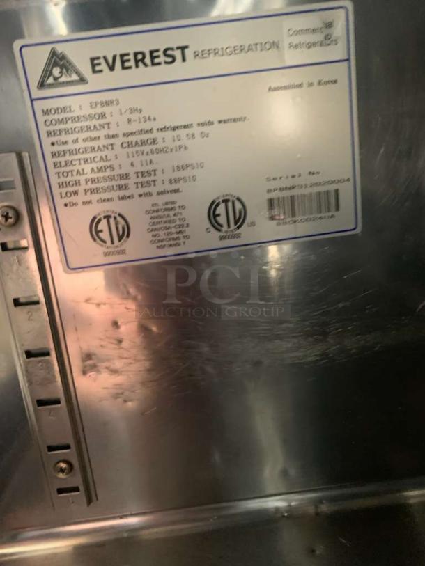 Everest EPBNR3 3-door refrigerated sandwich prep table, superb condition, 115V, fully tested, assembled in Korea, model label shown.