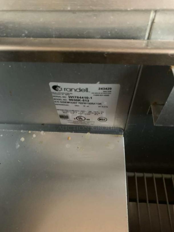 Randell 9030K-513 prep table label showing model and serial number, UL and NSF certified, outstanding condition.