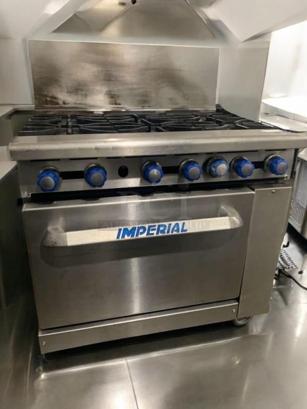 Imperial IR-6 gas range, 6 burners, standard oven, excellent condition, natural gas, fully tested, Imperial logo visible.