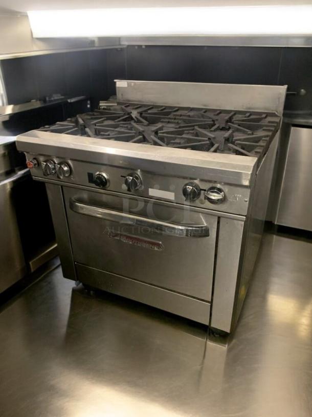 Superb condition Southbend 6-burner gas range with standard oven, Model 4361D, fully tested, natural gas, stainless steel.