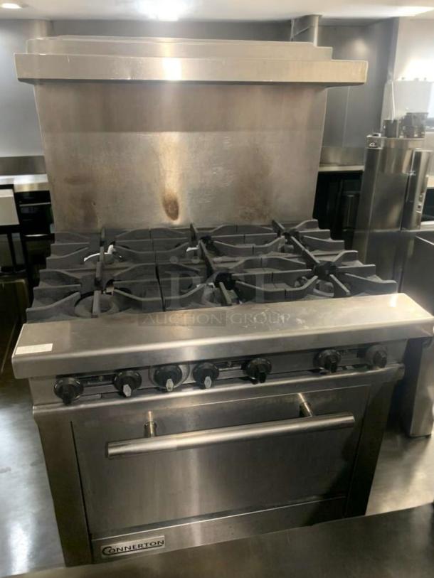 Connerton CR-6 gas range, 6-burner, standard oven, stainless steel, natural gas, prime condition, fully tested, USA-made.