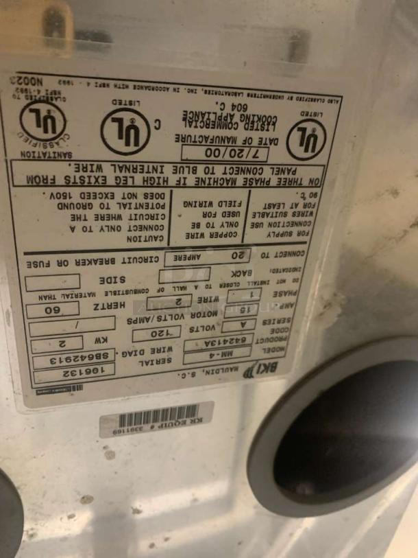 BK MM-4 Cold Food Merchandiser label, showing model, serial number, voltage, and testing certifications in excellent condition.