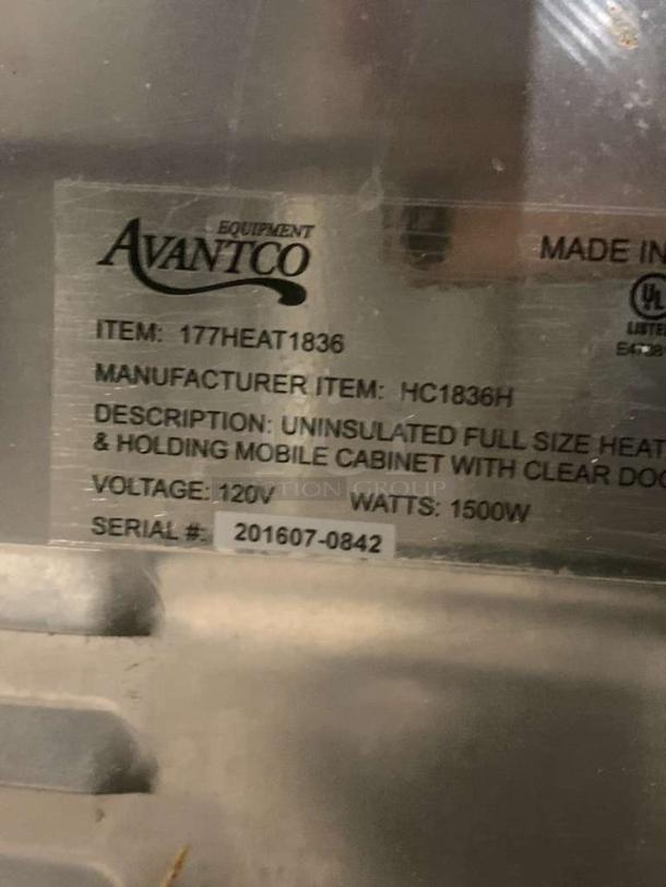 Avantco HC1836H heated holding cabinet label showing model, 120V, 1500W, serial number 201607-0842, in outstanding condition.