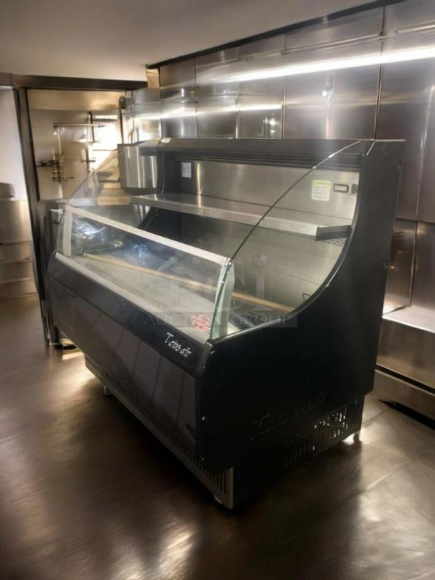 Turbo Air TOM-50LB Open Air Refrigerated Merchandiser in pristine condition, 120V, fully tested and working, sleek black finish.