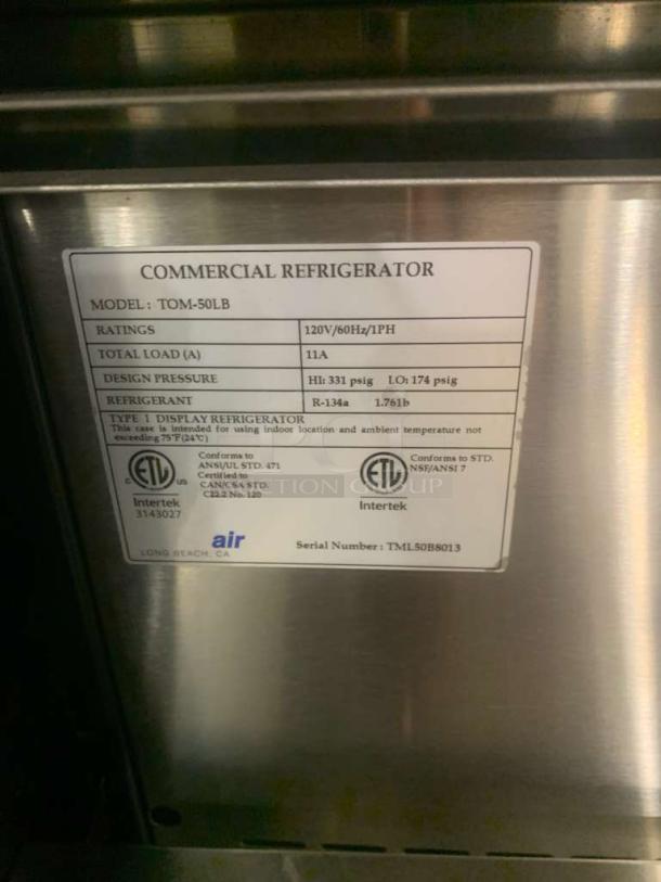 Turbo Air TOM-50LB label showing model, 120V specs, R-134a refrigerant, ETL certified, pristine condition.