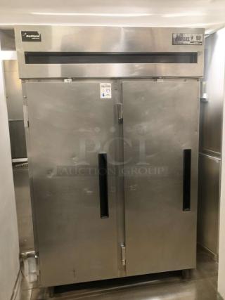 Delfield 6151XL-S two-door reach-in refrigerator, stainless steel, superb condition, 115V, fully tested, model tag visible.