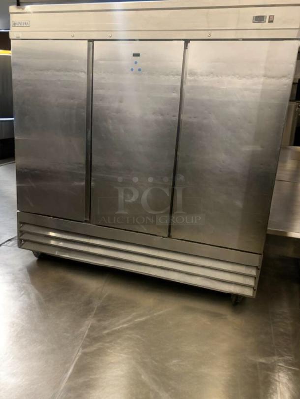 Kintera KBM3F 3-Door Reach-In Refrigerator, flawless condition, stainless steel, 120V, fully tested, working perfectly.