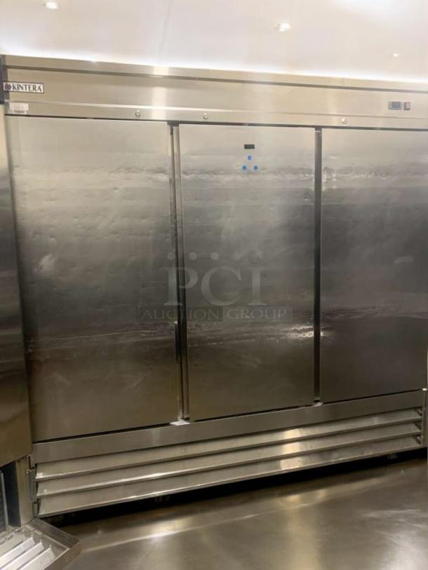 Kintera KBM3F 3-Door Reach-In Refrigerator, flawless condition, stainless steel, 120V, fully tested, brand label visible.