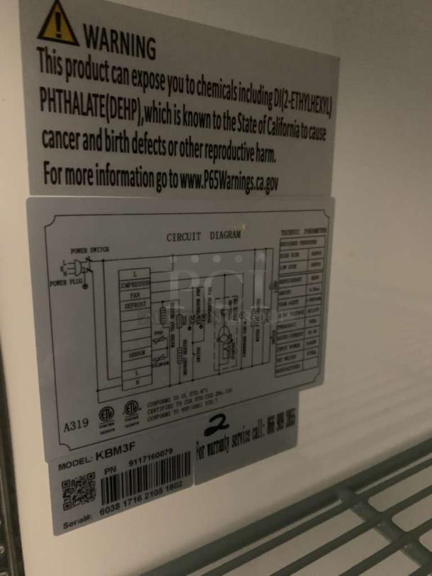 Kintera KBM3F 3-door reach-in refrigerator, flawless condition, circuit diagram and warning label visible, 120V, fully tested.