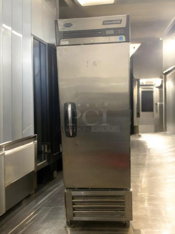 Norlake AdvantEDGE F23-S single-door refrigerator, stainless steel, 115V, needs cooling repair, great condition, model label visible.