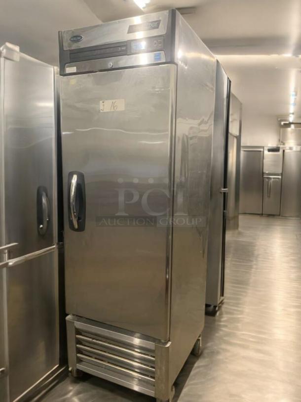 Norlake AdvantEDGE F23-S single-door reach-in refrigerator, stainless steel, good condition, needs cooling repair, model label visible.