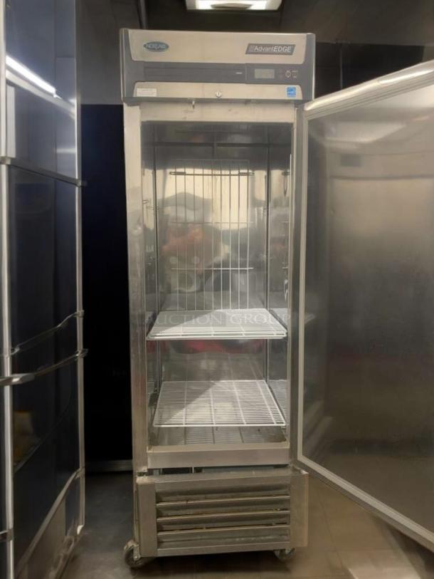 Great condition Norlake AdvantEDGE F23-S single-door reach-in refrigerator, 115V; needs cooling repair. Front view with open door.