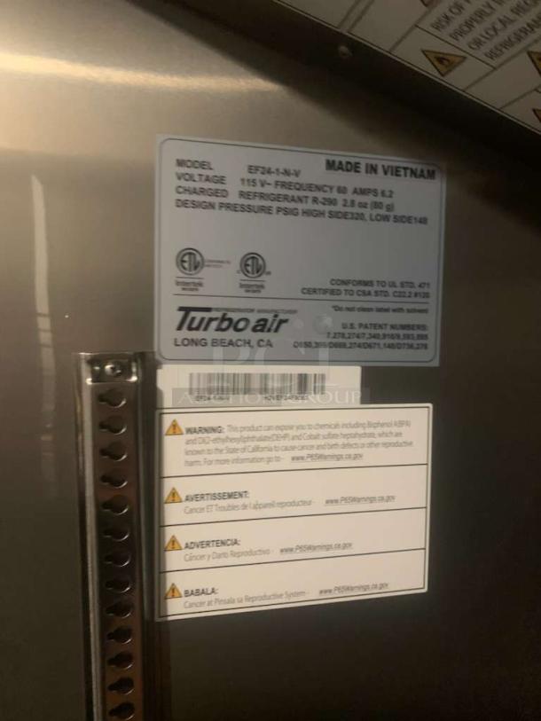 Turbo Air EF24-1-N-V Single Door Reach-In Freezer, outstanding condition, 115V, tested and working, model and warning labels visible.