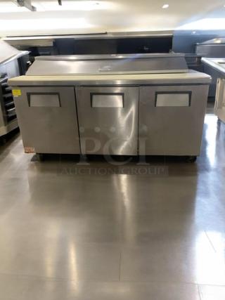 True TSSU-72-18 salad prep table refrigerator, 72", stainless steel, outstanding condition, 115V, fully tested, wheels.