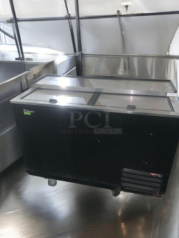 Turbo Air TBC-50SB-N6 bottle cooler, 50", black, pristine condition, dual sliding lids, made in Korea, 115V.