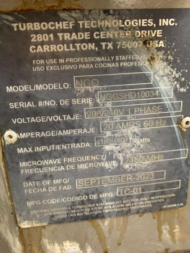 Turbochef NGO Rapid Cook Oven, 208/240V, Serial NGOSHD10034, Immaculate Condition, Fully Tested, September 2023 MFG.