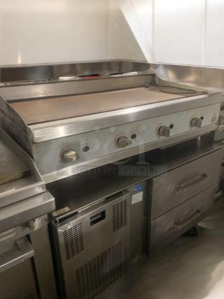 CPG 48" gas griddle, natural gas, prime condition, stainless steel, fully tested, commercial use, flat top design.