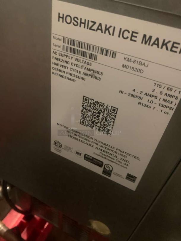 Hoshizaki KM-81BAJ undercounter ice maker, air-cooled, 115V. Excellent condition, model label visible, fully tested.