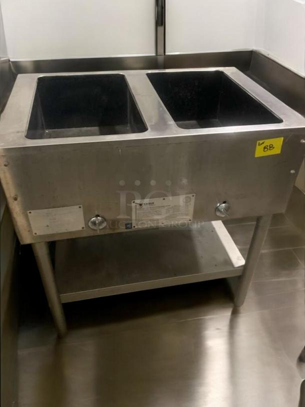 Eagle Waterless Hot Food Table, double well, gas, prime condition, fully tested, visible labels.