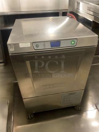 Hobart LXeH high-temp under-counter dishwasher, prime condition, stainless steel, fully tested, includes model plate and controls.