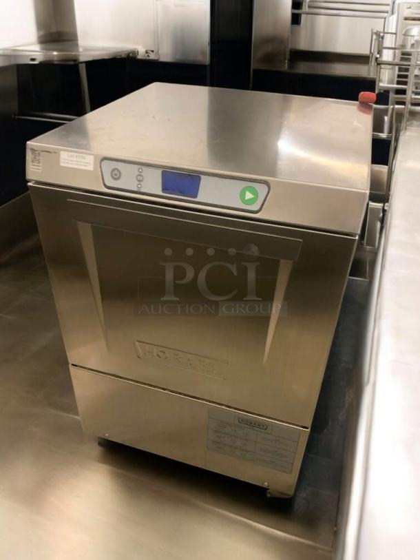 Prime condition Hobart LXeH high-temp under-counter dishwasher, fully tested, stainless steel, model label visible.