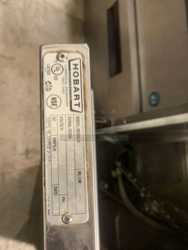 Hobart LXeH high-temp commercial dishwasher label, UL and NSF listed, model details visible, made in Troy, OH, USA.