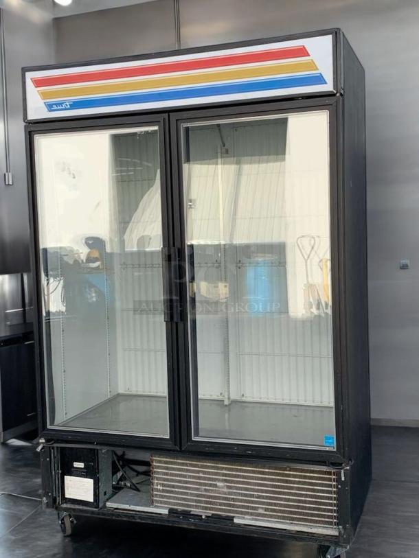 Pristine True GDM-49F-LD two-door freezer merchandiser, 115/208-230V, fully tested and working, glass doors, vibrant top display.