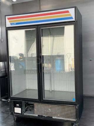 Pristine True GDM-49F-LD two-door freezer merchandiser, 115/208-230V, fully tested and working, glass doors, vibrant top display.