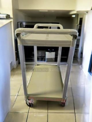Choice Large Bus Cart, 2-shelf, beige, pristine condition, fully assembled, ready for use, durable utility cart with wheels.