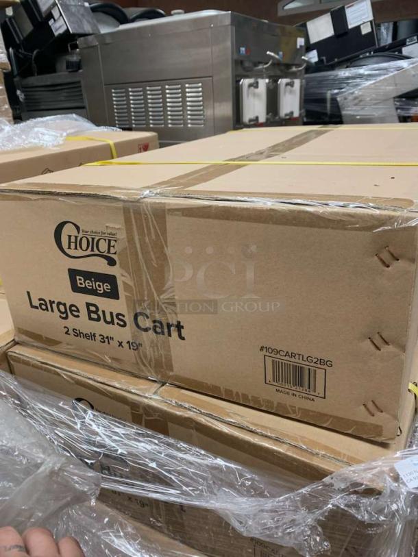 Choice Large Bus Cart, beige, pristine condition, 2-shelf, 31"x19", fully assembled, ready for use in original packaging.