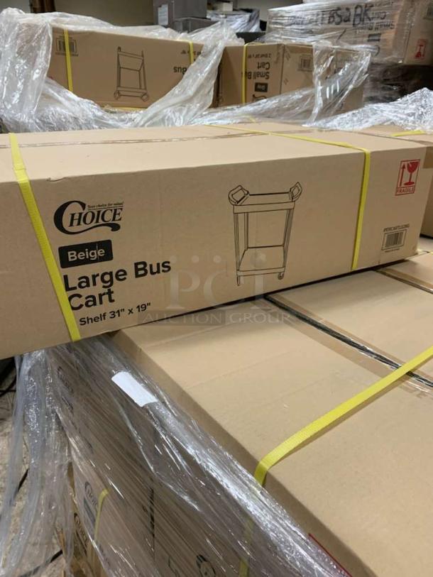 Choice Large Bus Cart in box, beige, 2-shelf, pristine condition, fully assembled, ready for use, size 31" x 19".