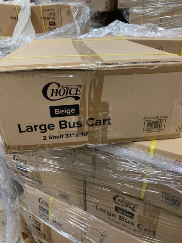 Choice Large Bus Cart, 2-shelf, beige, in pristine condition, fully assembled. Box labeled "31" x 19", Model #109CARTLG2BG.