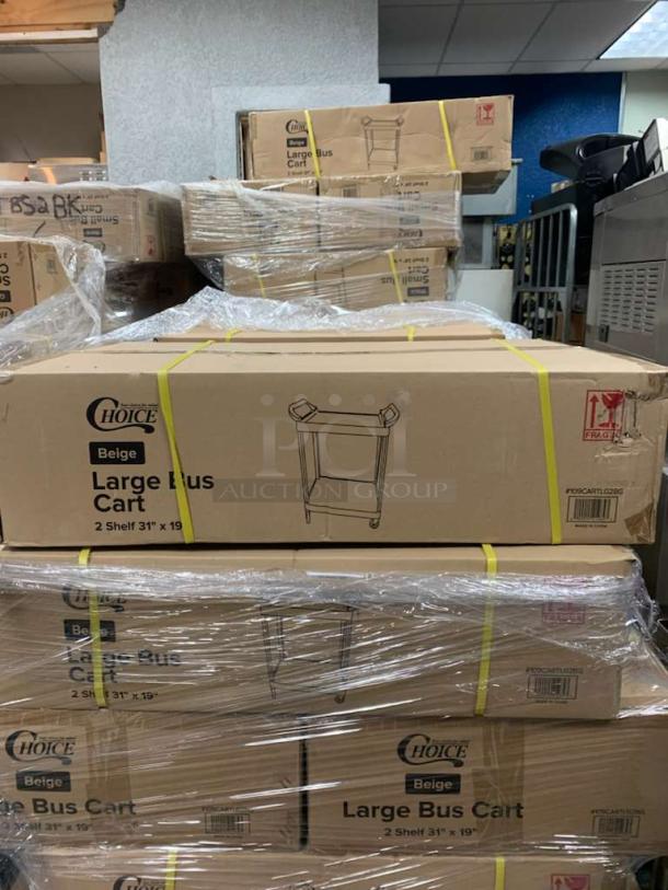 Boxes of Choice Large Bus Cart, beige, 2-shelf, 31" x 19", pristine condition, stacked and wrapped, fully assembled.