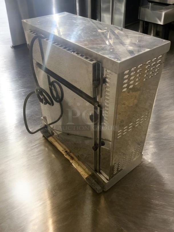 Pristine 2-spit electric countertop chicken rotisserie, fully tested and working, stainless steel, power cord visible.