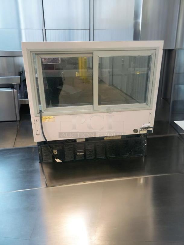 Schmidt EHD-4 refrigerated display case, peak condition, fully tested, 115V, glass front, white finish, The C. Schmidt Company.
