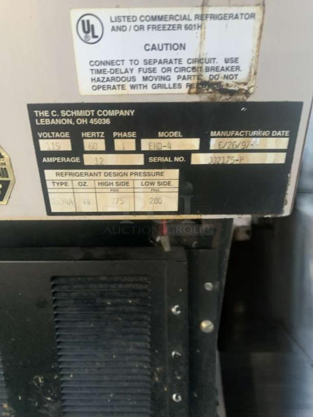 Schmidt EHD-4 refrigerated display case, 115V, fully tested, peak condition, manufactured on 6/26/97, with visible UL listing.