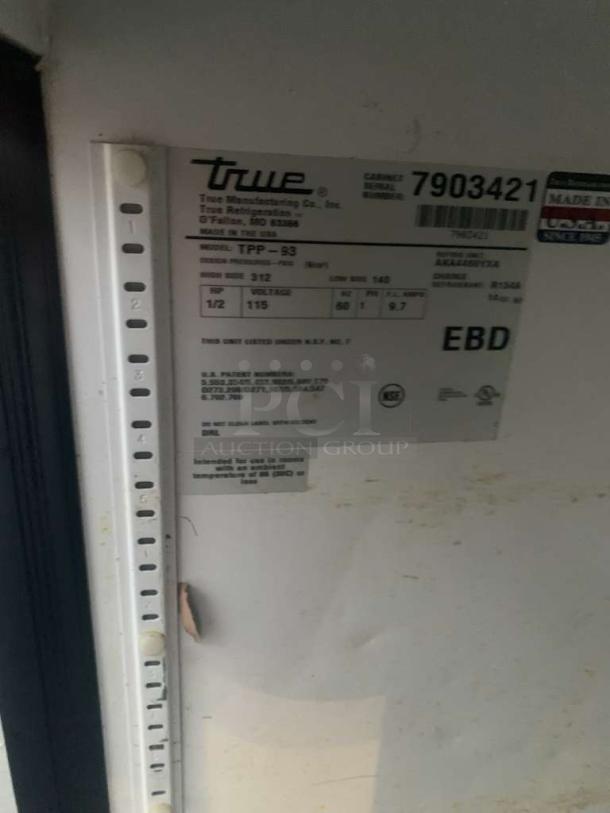 Label showing model TPP-93 of True Refrigerated Pizza Prep Table, 115V, by True Manufacturing, serial 7903421.