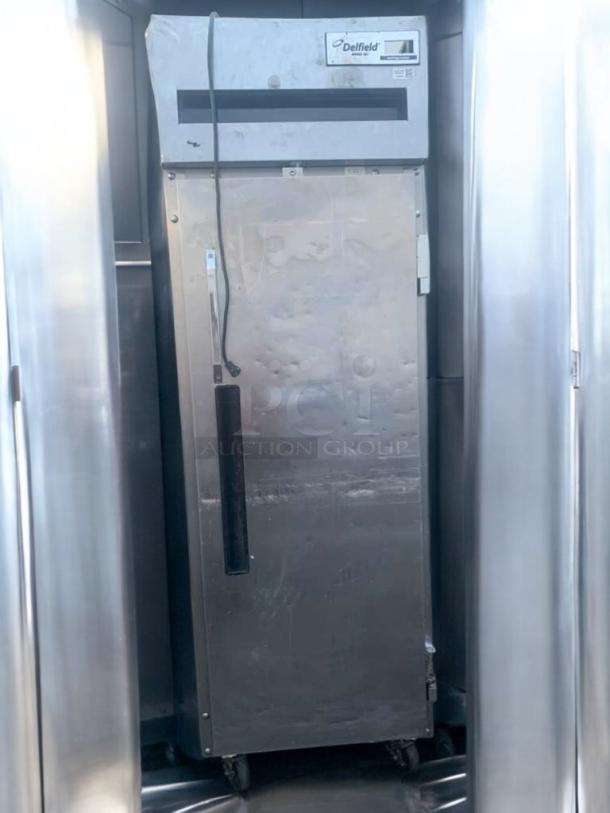 Delfield 6025XL-S single door reach-in refrigerator, prime condition, 115V; fully tested, visible logo and control panel.