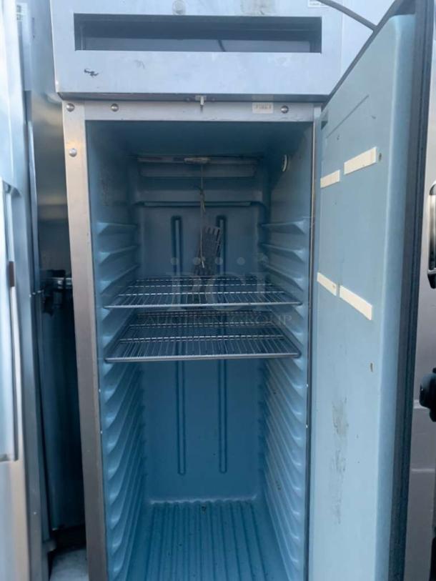 Delfield 6025XL-S single door reach-in refrigerator, prime condition, two adjustable shelves, 115V, tested and working.