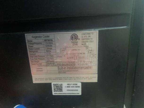 KegMaster Pro BDT70N3L kegerator label showing model details and technical specifications, 115V, prime condition.